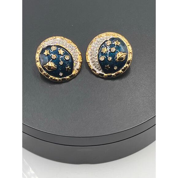 SWAROVSKI Swan Celestial Moon Stars Saturn Pave Crystal Blue Enamel Clip Earring - Picture 7 of 8